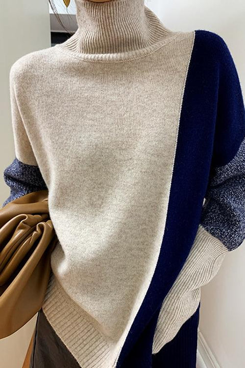 Moxidress Turtleneck Color Block Splice Side Split Sweater
