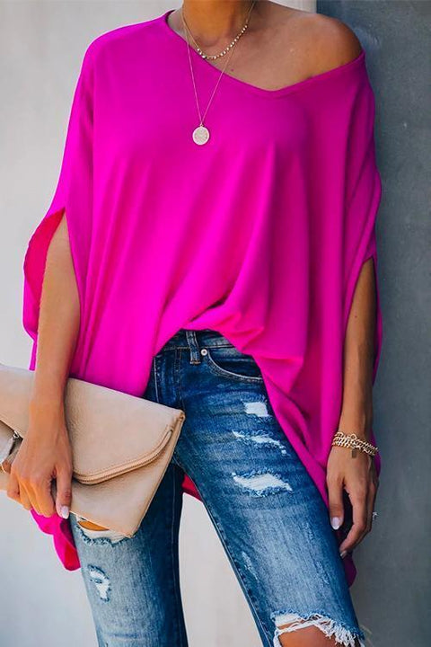 Moxidress Loose V Neck Batwing Sleeve Solid T Shirt