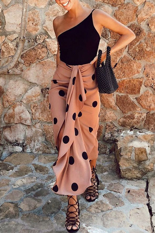 Moxidress Drape Front Slit Ruched Polka Dot Skirts