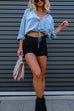 Moxidress Long Sleeves Drawstring Hem Cropped Denim Shirt