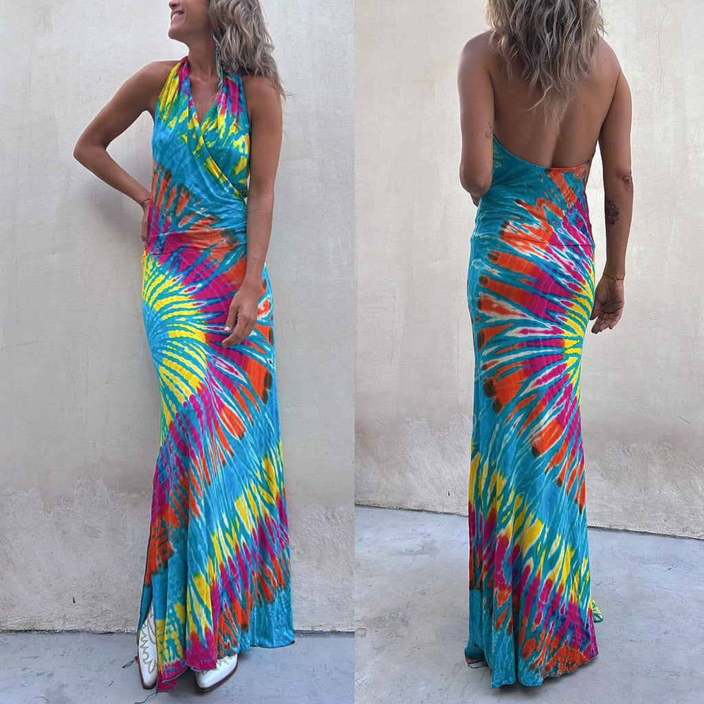 Moxidress Sleeveless Halter Backless Maxi Tie Dye Dress