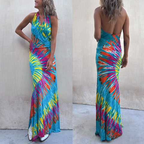 Moxidress Sleeveless Halter Backless Maxi Tie Dye Dress