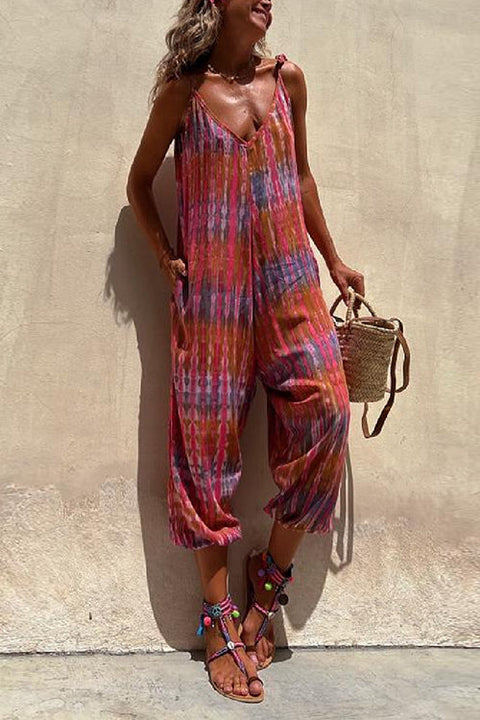 Moxidress V Neck Tie Shoulder Pockets Tie Dye Cami Jumpsuit