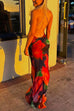Moxidress Backless V Neck Lace Splice Printed Maxi Bodycon Dress