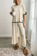 Moxidress Color Block Short Sleeves Side Split Pullover Wide Leg Pants Knitting Loungewear Set