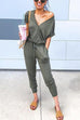 Moxidress V Neck Tie Waist Drawstring Joggers Jumpsuit