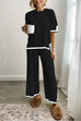 Moxidress Color Block Short Sleeves Side Split Pullover Wide Leg Pants Knitting Loungewear Set