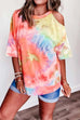 Moxidress Cold Shoulder Short Sleeve Tie Dye T-shirt