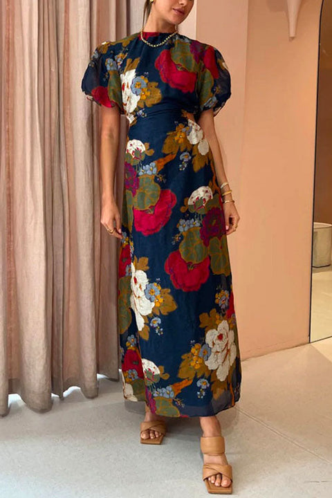 Moxidress Puff Sleeve Cut Out Waist Floral Maxi Swing Dress