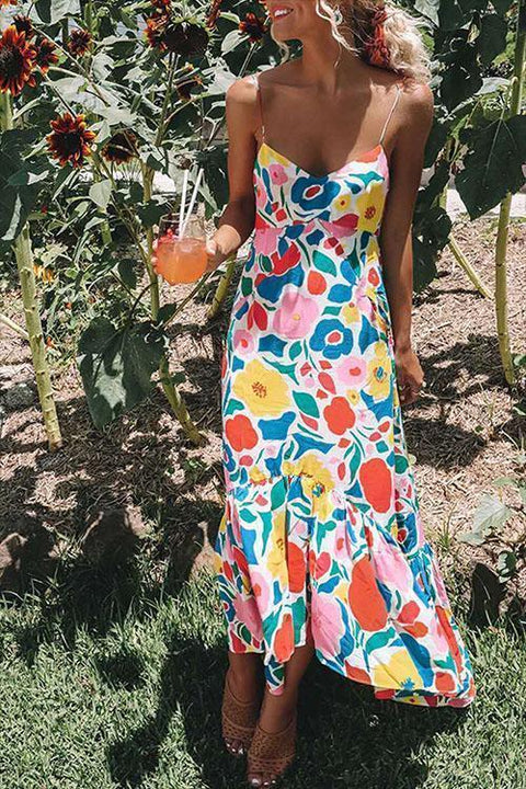 Moxidress V Neck Ruffled Hem Printed Maxi Cami Dress