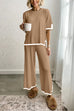 Moxidress Color Block Short Sleeves Side Split Pullover Wide Leg Pants Knitting Loungewear Set