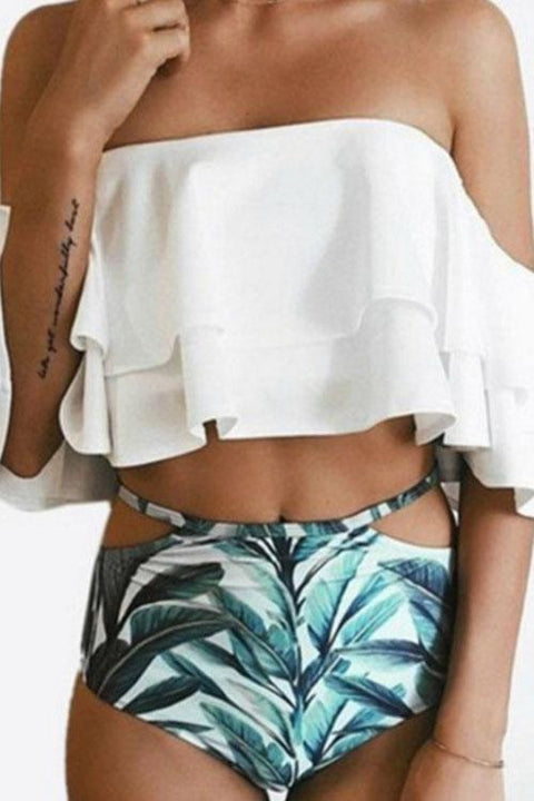 Moxidress Off Shoulder Ruffled Printed Bikini Set