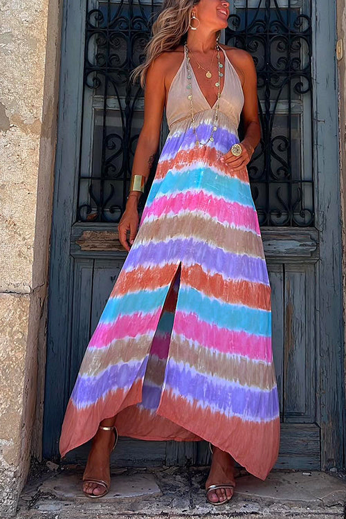 Moxidress Halter Deep V Neck Slit Tie Dye Maxi Cami Dress