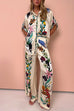 Unique Printed Rolled Up Short Sleeves Blouse Shirt Wide Leg Pants Silk Set