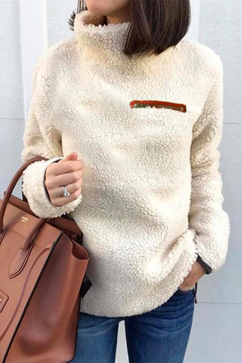 Moxidress Turtleneck Long Sleeve Zip Fuzzy Pullovers