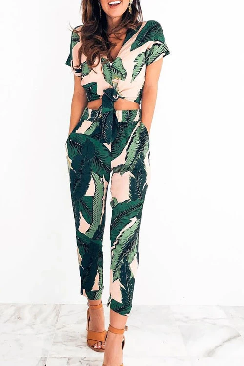 Moxidress Short Sleeve Crop Top and Pants Leaves Printed Outfits