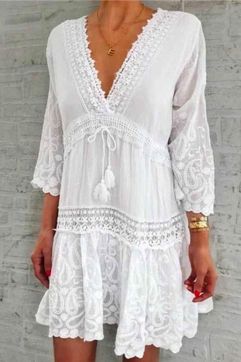 Moxidress V Neck Lace Trim Tassel Swing Dress