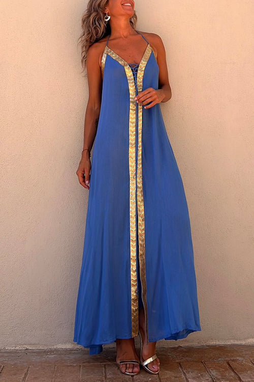 Moxidress V Neck Backless Sequin Detailed Slit Maxi Cami Dress