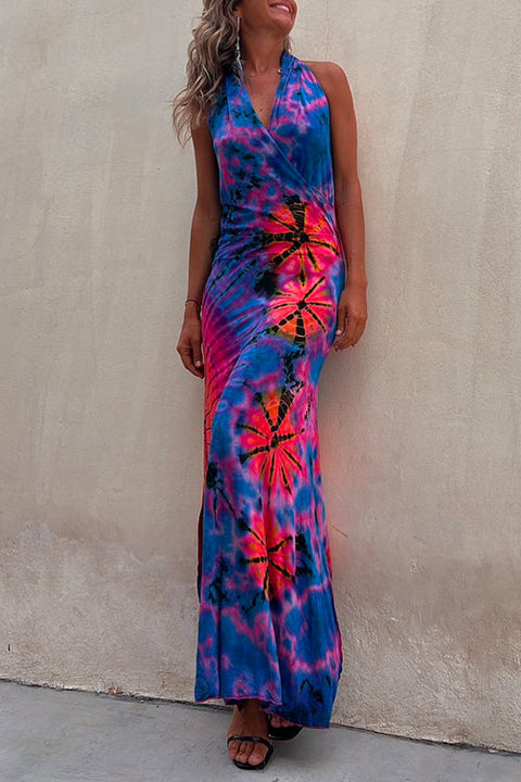 Moxidress Cross V Neck Sleeveless Tie Dye Maxi Holiday Dress