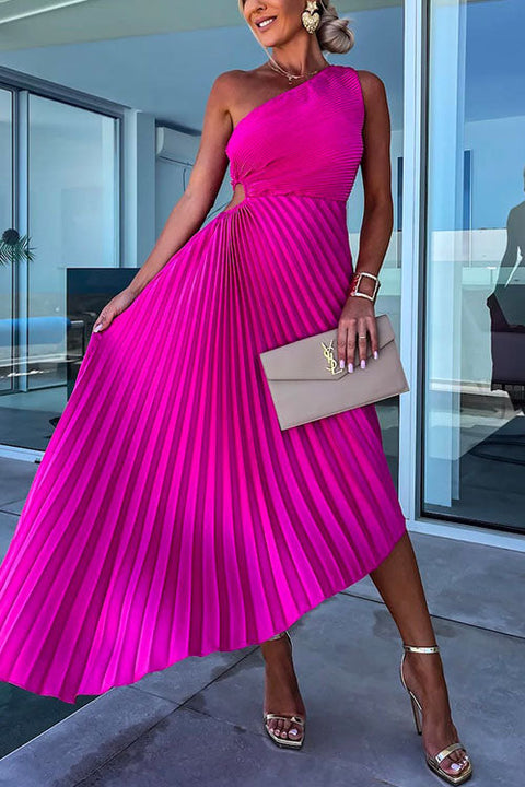 Moxidress One Shoulder Cut Out Waist Irregular Pleated Party Dress