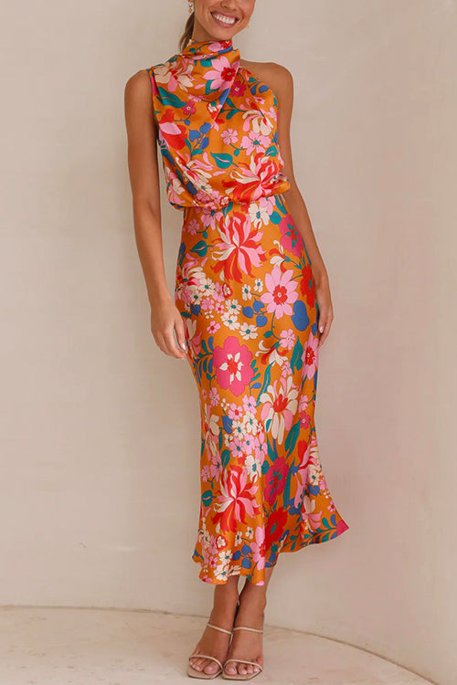 Moxidress Tie Back Halter Sleeveless Waisted Maxi Floral Dress