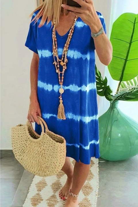 Moxidress V Neck Short Sleeve Tie Dye Stripes T-shirt Dress