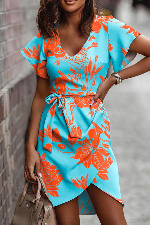 Moxidress Scoop Neck Flare Sleeve Tie Waist Printed Dress