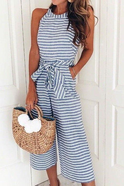 Moxidress Crewneck Sleeveless Striped Bow-Knot Wide Leg Jumpsuit