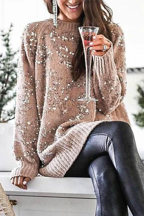 Moxidress Crewneck Side Split Sequin Glitter Sweater