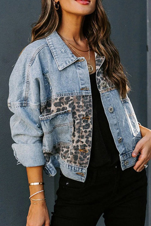 Moxidress Button Up Leopard Splice Ripped Denim Jacket