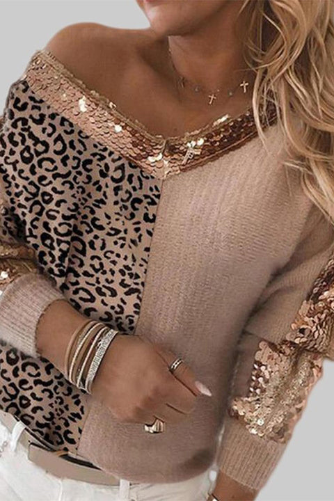 Moxidress V Neck Leopard Sequin Splice Sweater