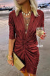 Moxidress Deep V Neck Long Sleeve Ruched Glitter Dress