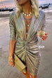 Moxidress Deep V Neck Long Sleeve Ruched Glitter Dress