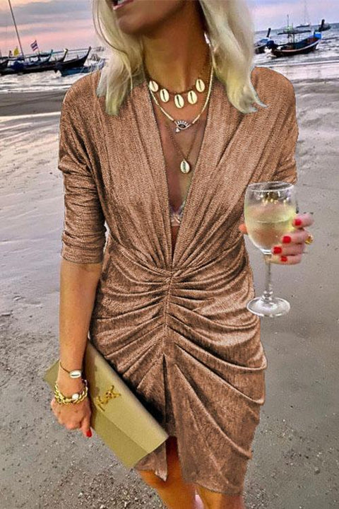 Moxidress Deep V Neck Long Sleeve Ruched Glitter Dress