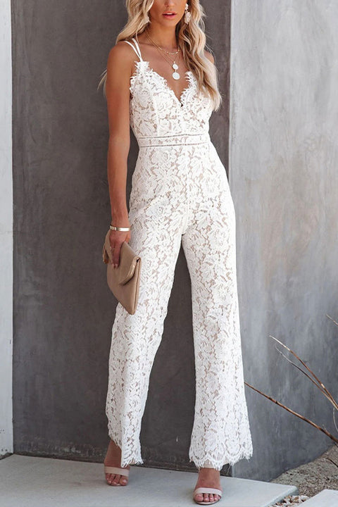 Moxidress Solid V Neck Waisted Cami Lace Jumpsuit