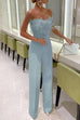 Moxidress Off Shoulder Feather Splice Belted Jumpsuit