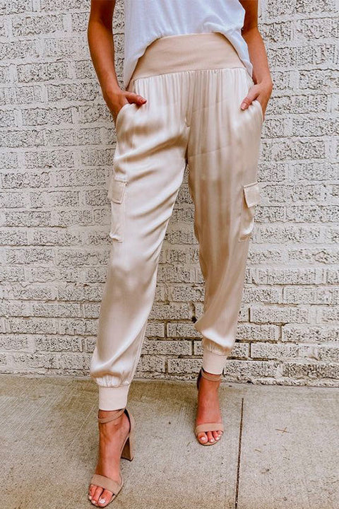 Moxidress Fashion Style High Waist Satin Pants with Pockets