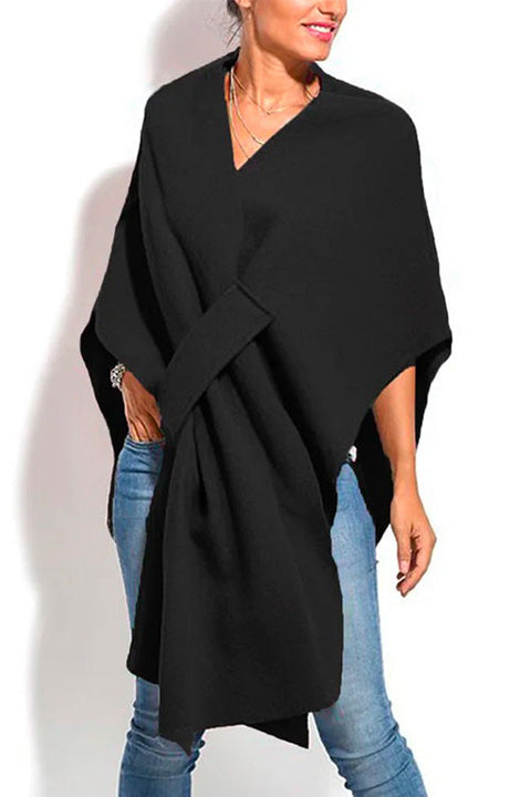 Moxidress Solid V Neck Wrapped Batwing Cloak Sweater