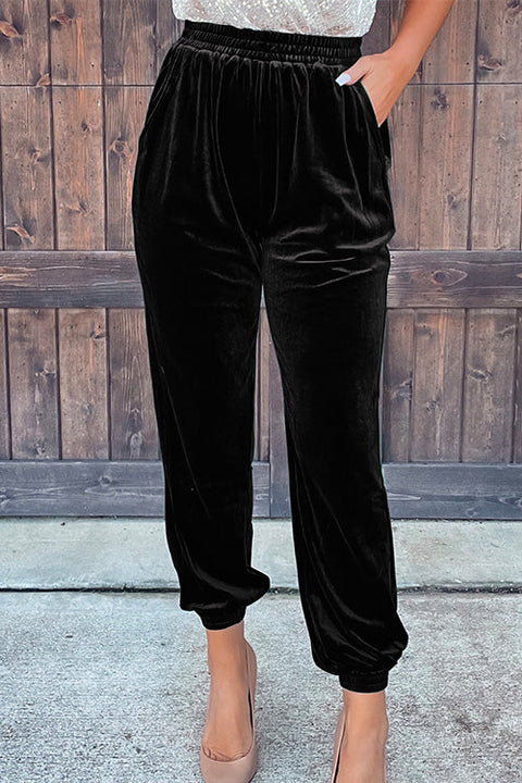 Moxidress Elastic Waist Velvet Joggers Pants with Pockets