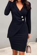 Moxidress Fashion Style Wrap V Neck Buttons Bodycon Dress