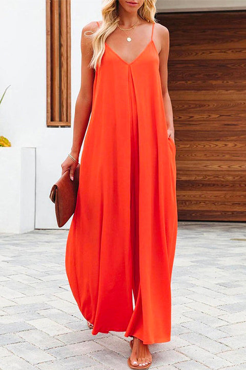 Moxidress V Neck Wide Leg Cami Jumpsuit with Pockets