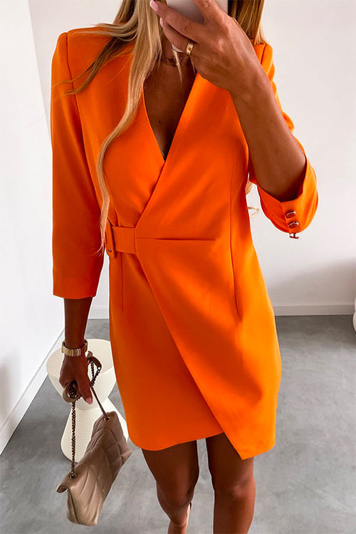 Moxidress Solid Wrap V Neck High Waist Blazer Dress