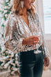 Moxidress Stylish V Neck Long Sleeve Sequin Splice Top