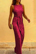 Moxidress Crewneck Sleeveless Tie Waist Sequin Jumpsuit