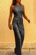 Moxidress Crewneck Sleeveless Tie Waist Sequin Jumpsuit