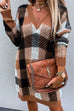 Moxidress V Neck Long Sleeve Plaid Sweater Dress
