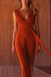 Moxidress V Neck Sleeveless Tie Waist Wide Leg Jumpsuit