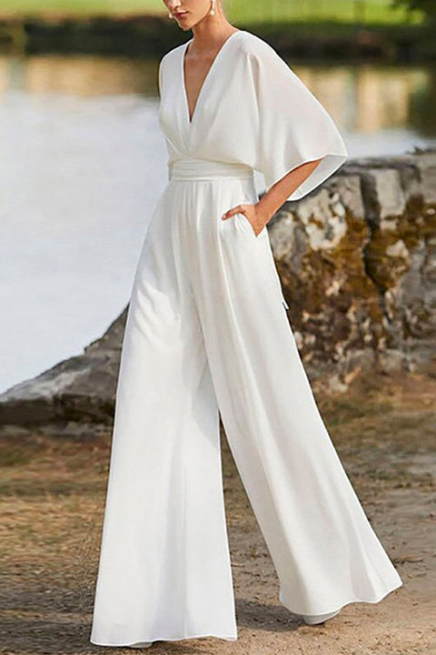 Moxidress Deep V Neck High Waist Wide Leg Jumpsuit