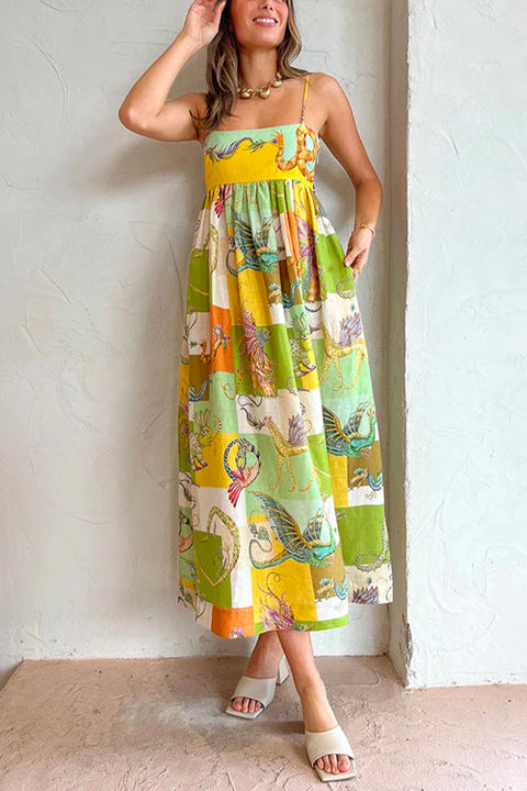 Moxidress Bow Knot Back Dinosaur Printed Cami Maxi Holiday Dress