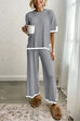 Moxidress Color Block Short Sleeves Side Split Pullover Wide Leg Pants Knitting Loungewear Set